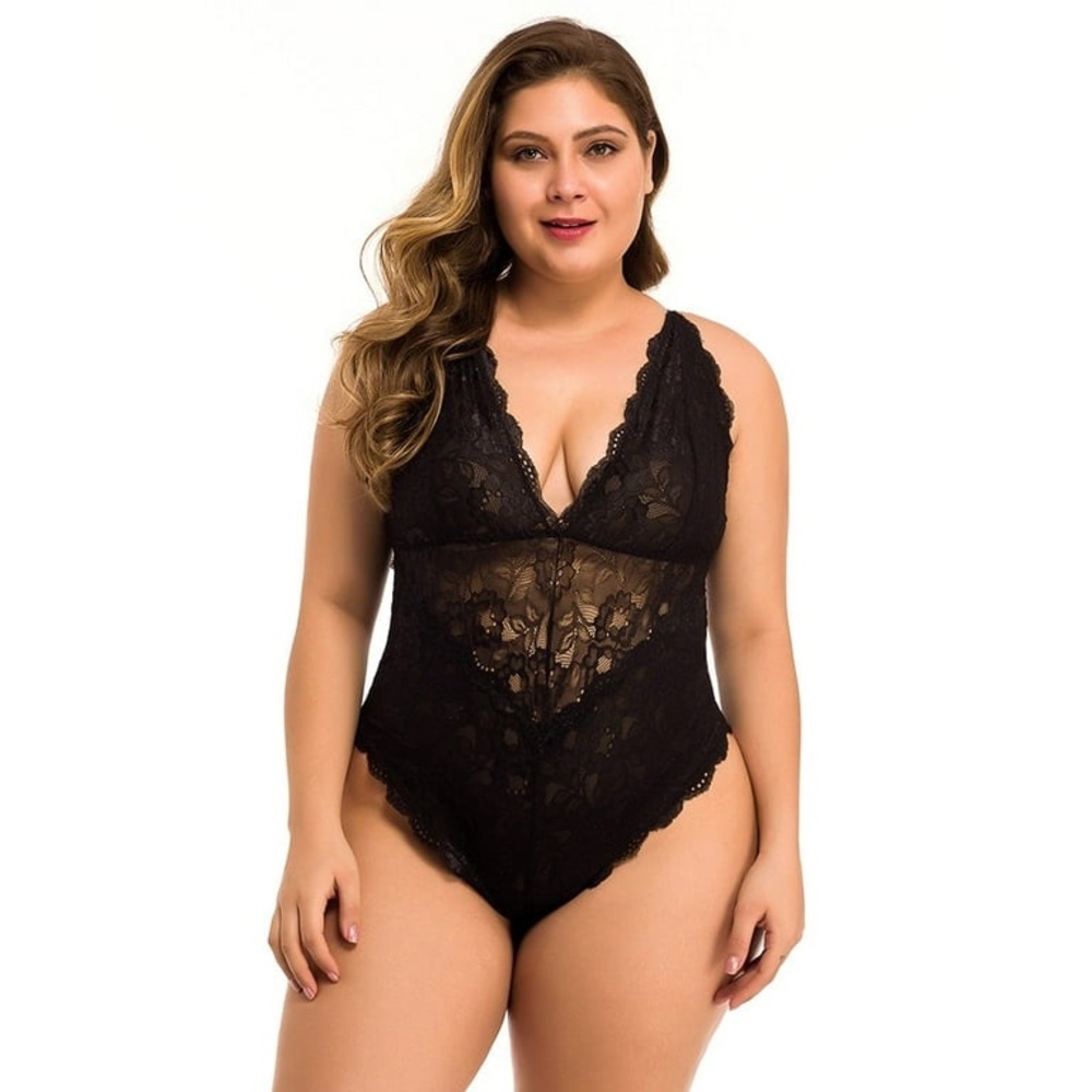 Chama Lace Plus Size V-Neck Backless Lingerie Bodysuit Sleepwear - Picture 4 of 7